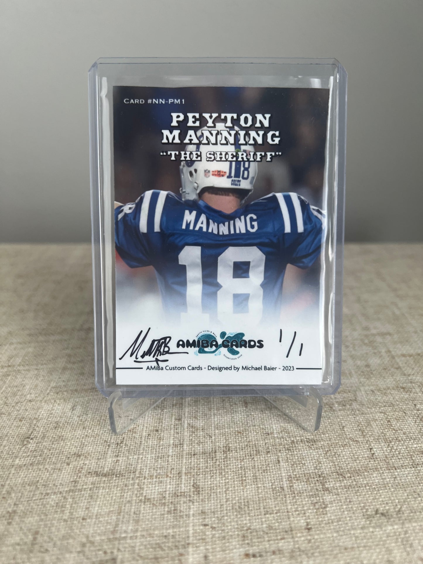 SPORTS NICKNAME SERIES - Peyton "The Sheriff" Manning - HOLOGRAPHIC ATOMIC ICE PARALLEL - Football NFL - HOF - Custom Art Trading Card - 2021 - 1/1 Trading Card - Designed by AMiBa Cards